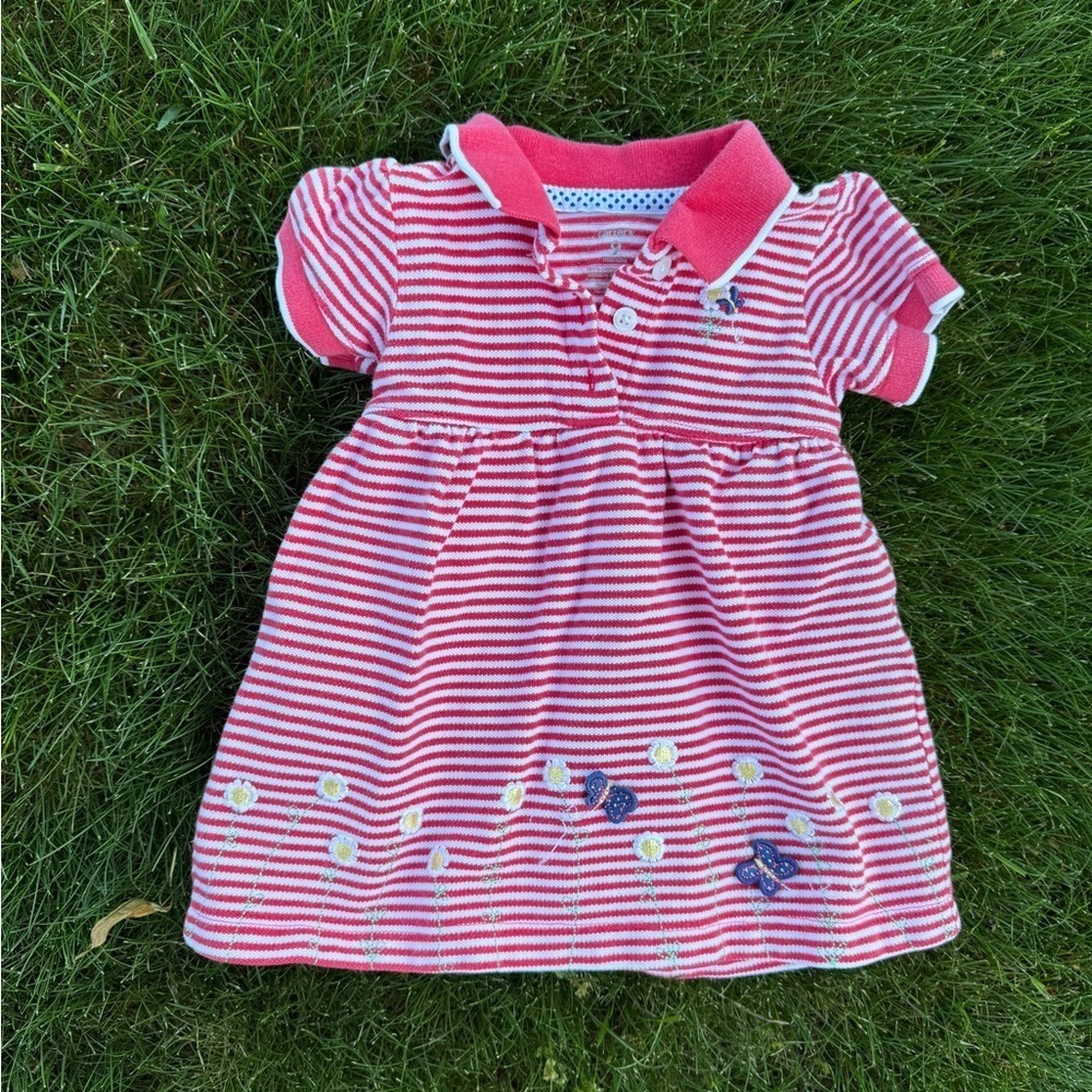 Carter’s Polo Striped Dress Embroidered butterflies flowers Size 9 months